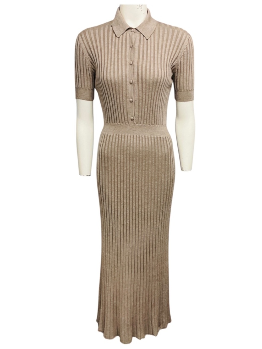 GABRIELA HEARST BEIGE RIBBED SILK AND CASHMERE KNIT MIDI DRESS